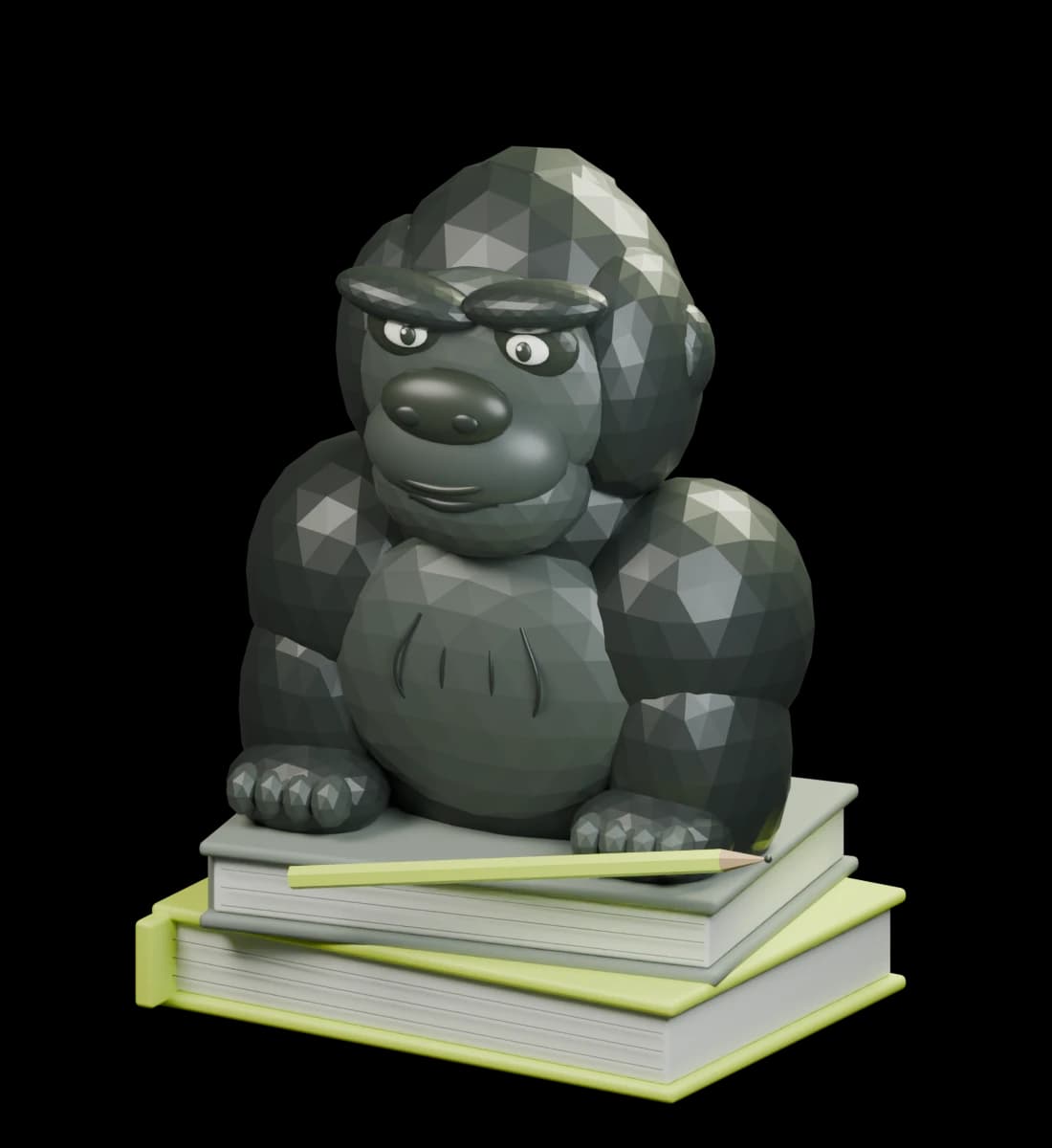 A sculptural charcoal gorilla perched on a stack of books, with a yellow pencil